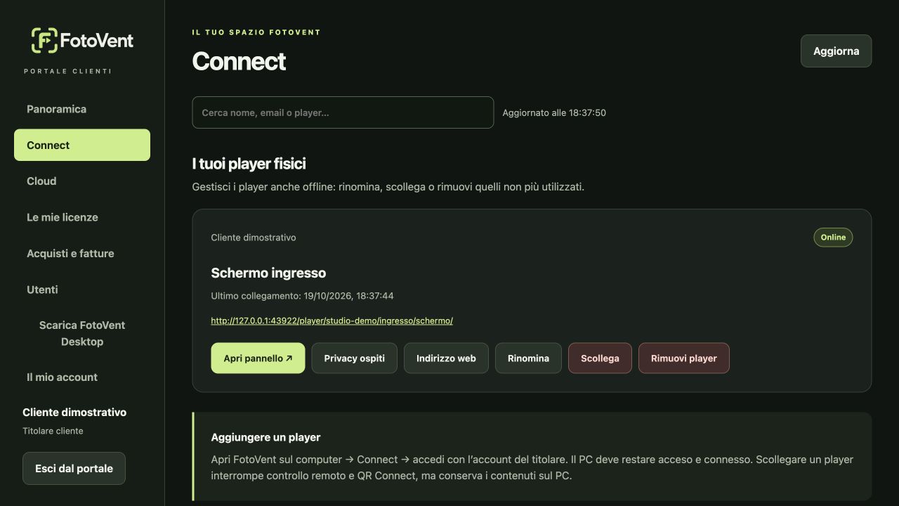 FotoVent Connect: elenco dei player Desktop collegati e pulsante Apri pannello