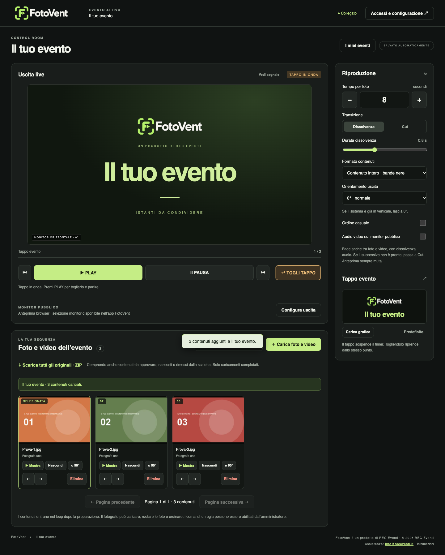 Regia FotoVent: anteprima del monitor, comandi di riproduzione e sequenza dei contenuti