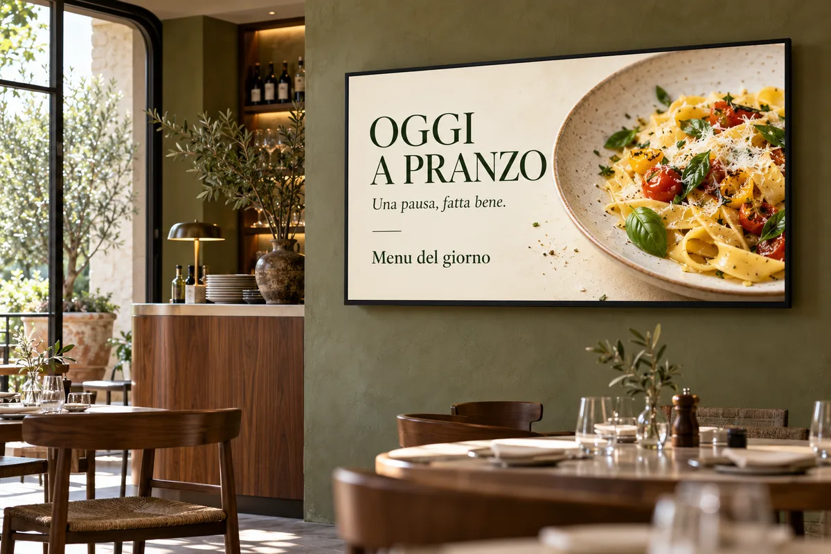 Ambientazione illustrativa di un ristorante con menu digitale su monitor a parete